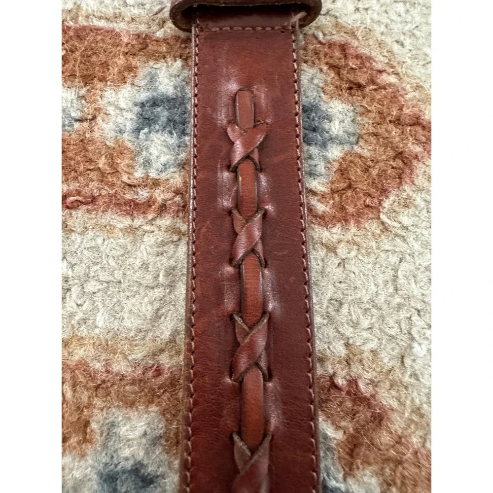 Vintage Brown Genuine Leather Hand Laced Braided Belt Solid Brass Buckle Large